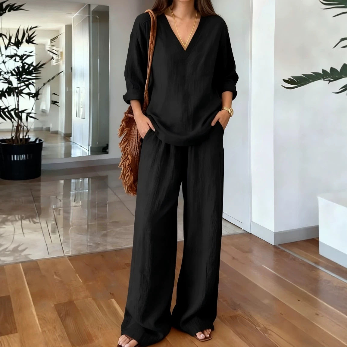 Women's V-neck pullover long-sleeved plus-size pants