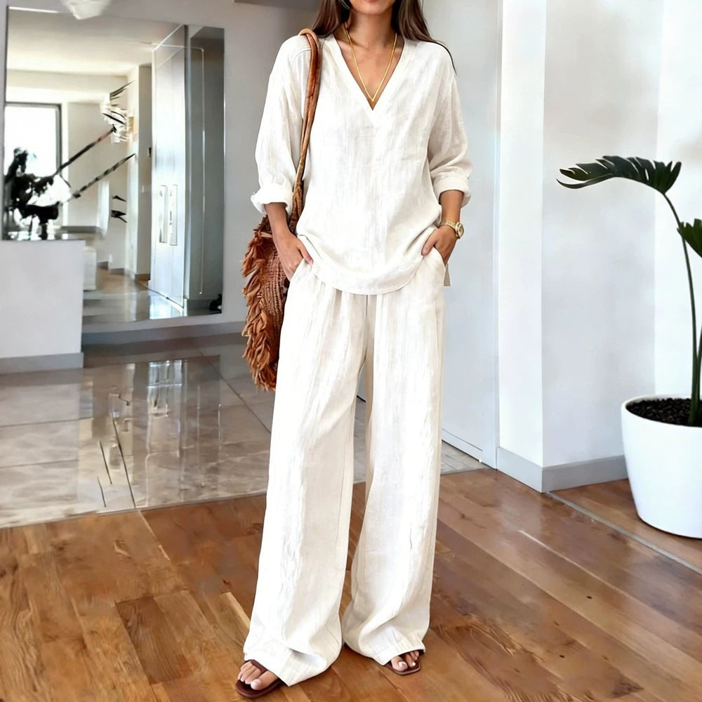 Women's V-neck pullover long-sleeved plus-size pants