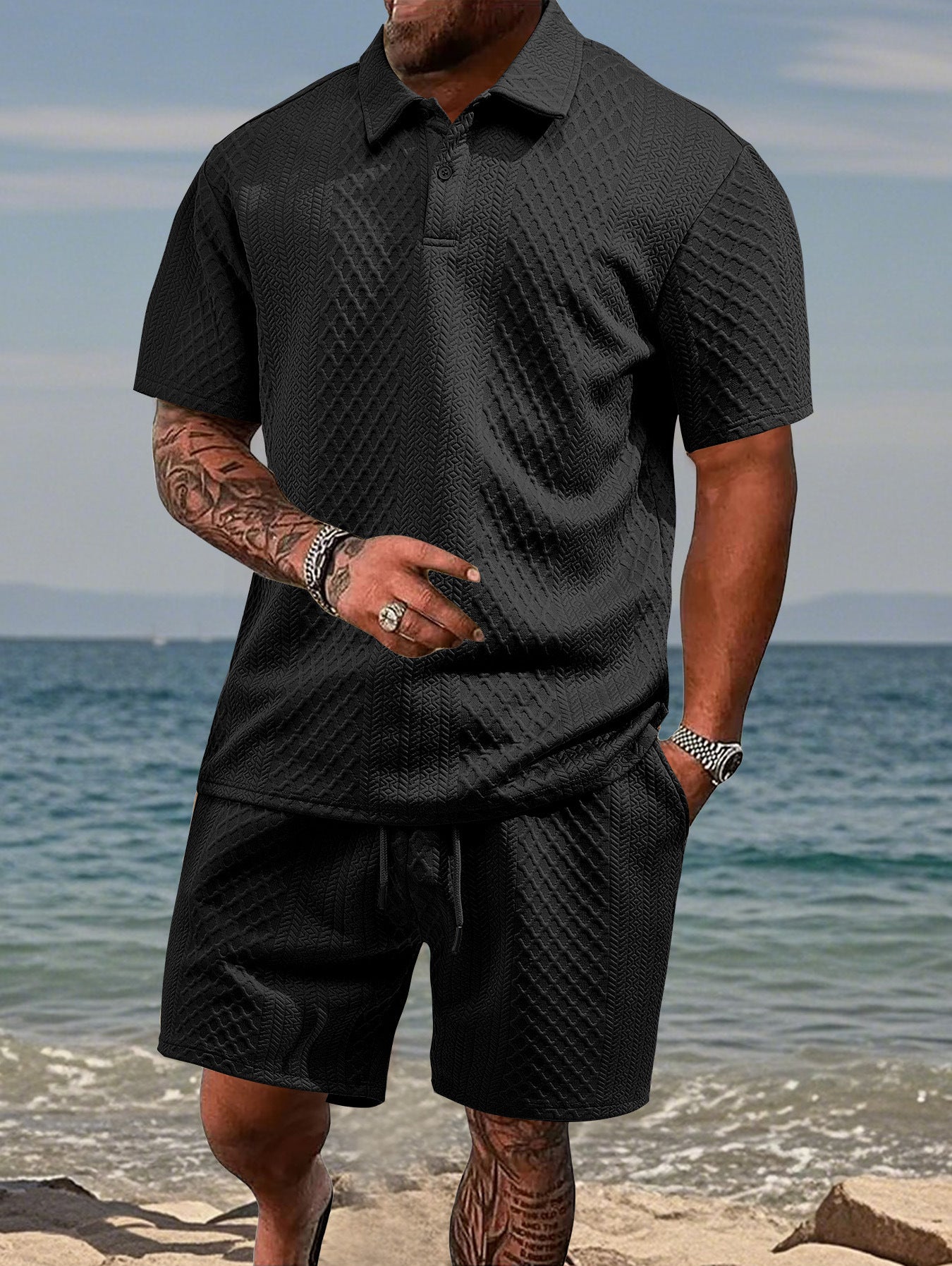 Texture Polo shirt with drawstring shorts men's set