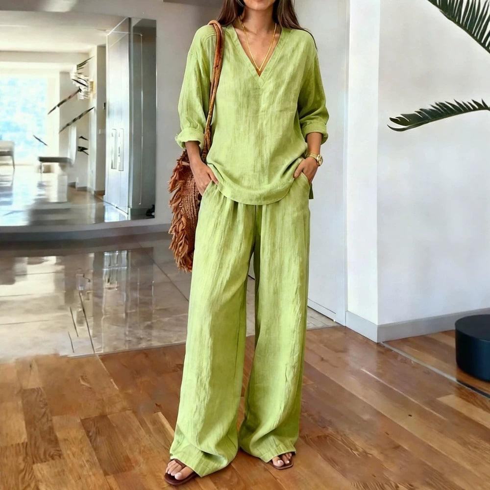 Women's V-neck pullover long-sleeved plus-size pants