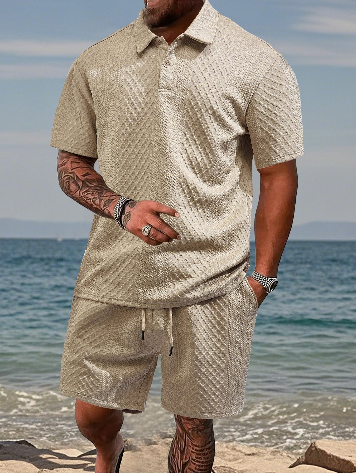 Texture Polo shirt with drawstring shorts men's set