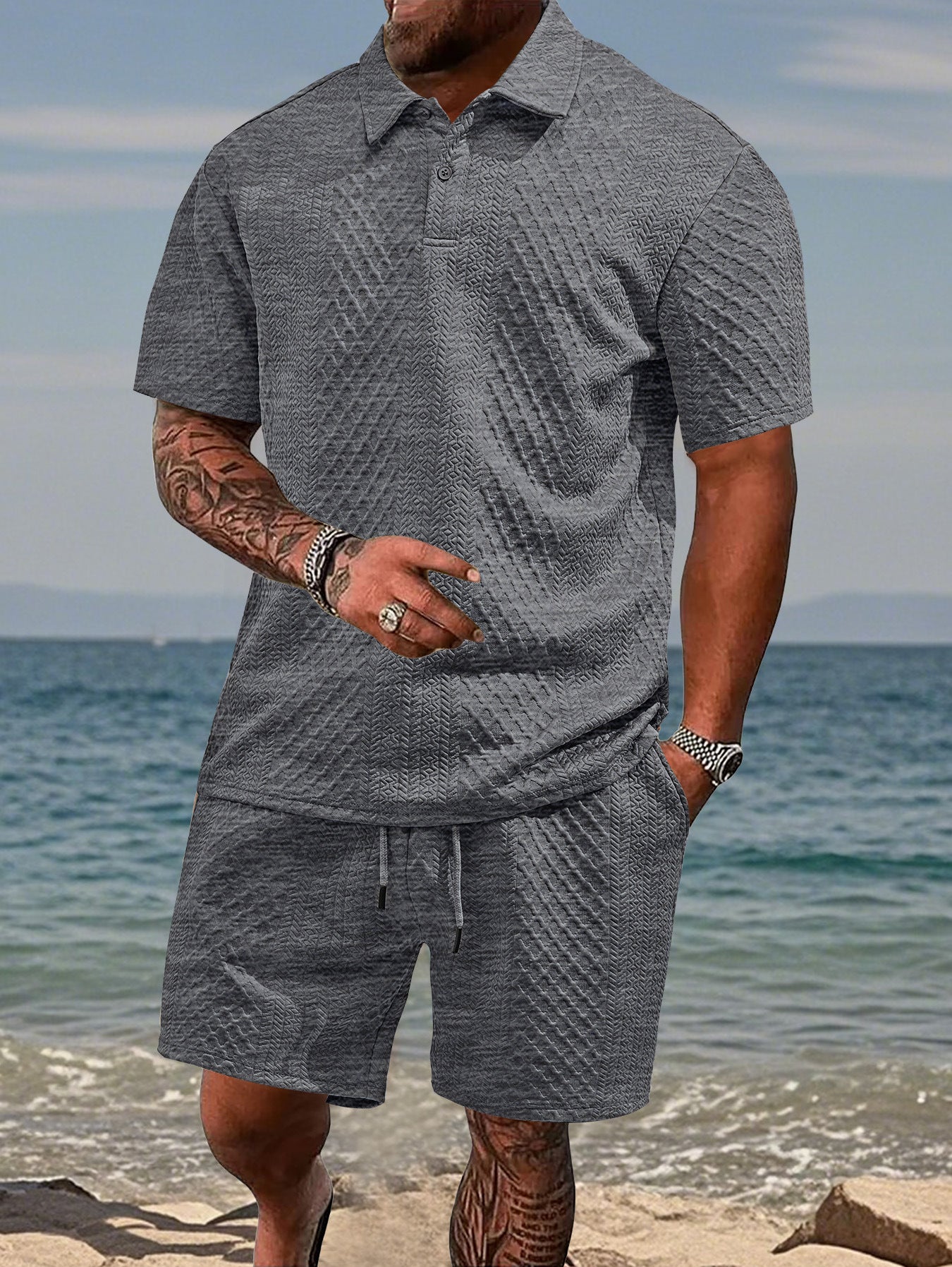 Texture Polo shirt with drawstring shorts men's set