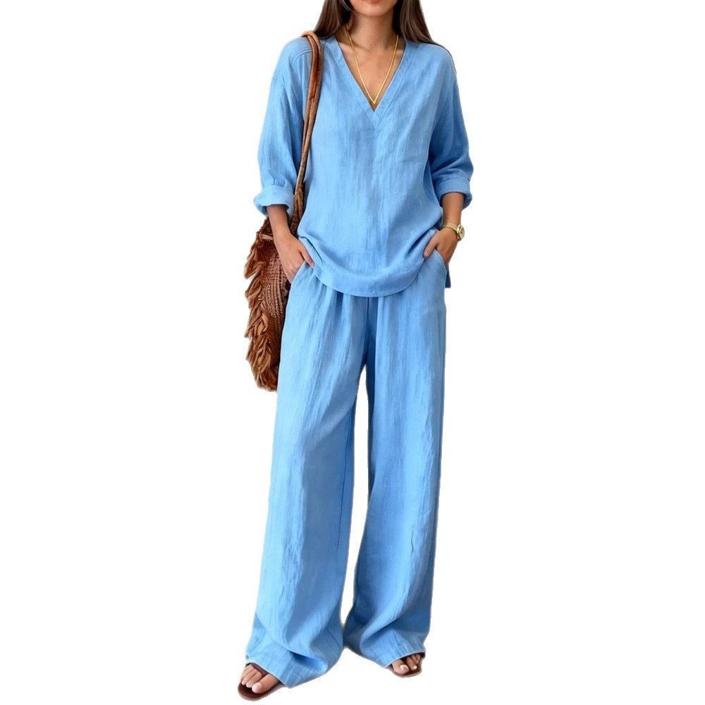 Women's V-neck pullover long-sleeved plus-size pants
