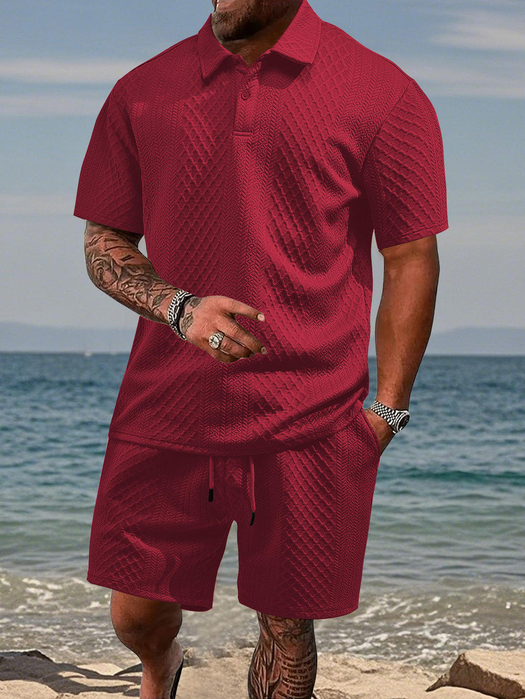 Texture Polo shirt with drawstring shorts men's set