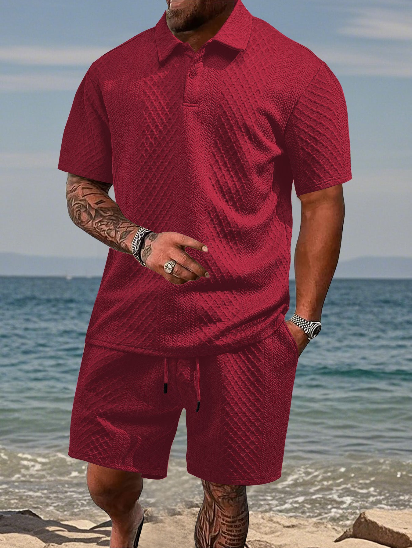 Texture Polo shirt with drawstring shorts men's set