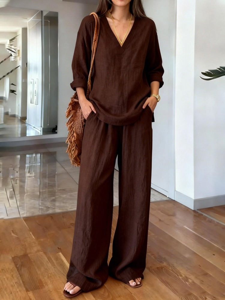Women's V-neck pullover long-sleeved plus-size pants