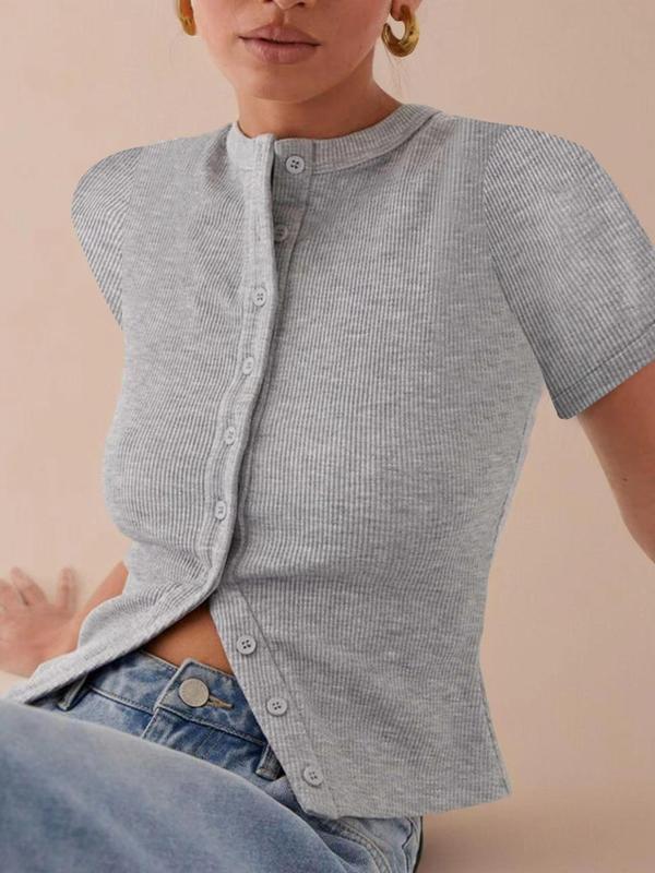 Ribbed Slim Fit Button-Up Cardigan Short Sleeve T-Shirt