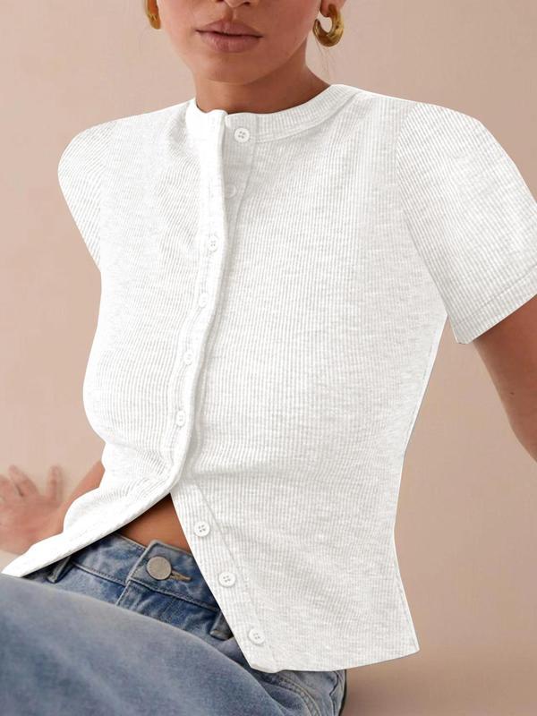 Ribbed Slim Fit Button-Up Cardigan Short Sleeve T-Shirt