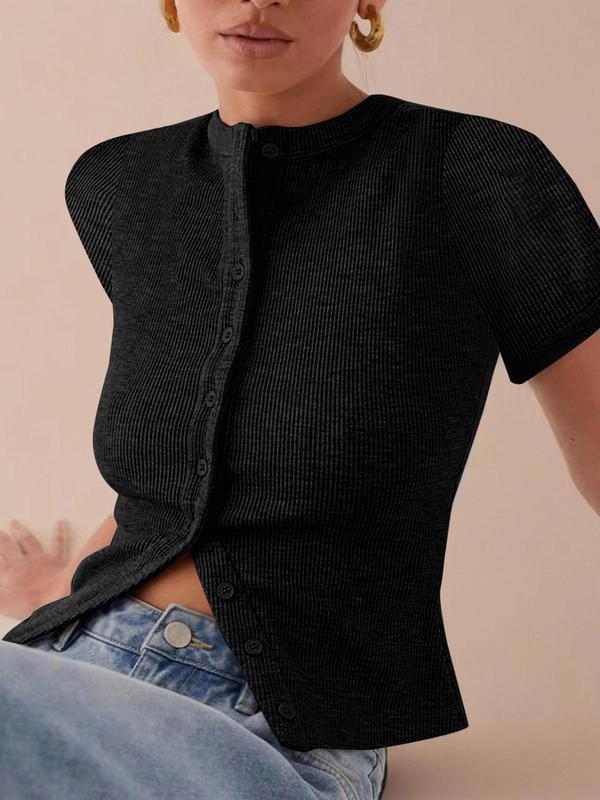 Ribbed Slim Fit Button-Up Cardigan Short Sleeve T-Shirt