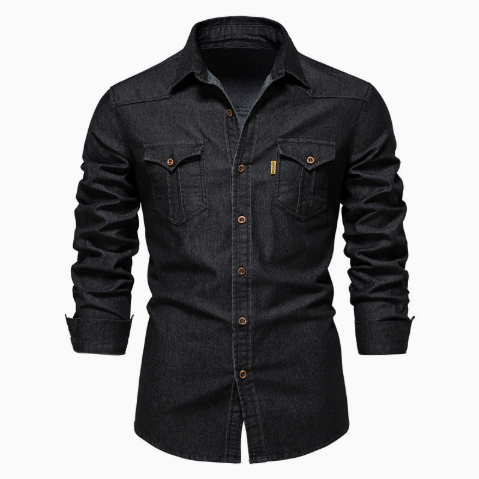 Men's denim casual solid color long-sleeved shirt