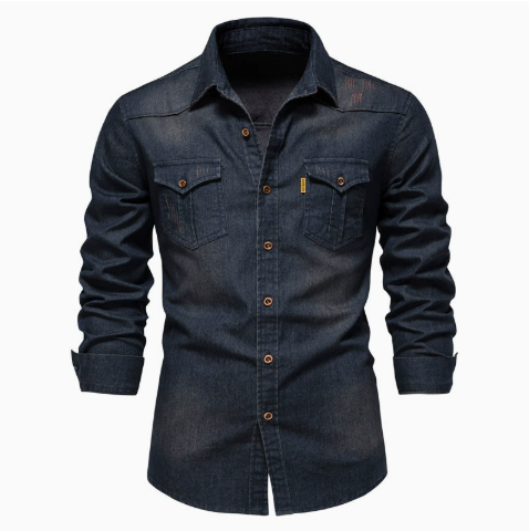 Men's denim casual solid color long-sleeved shirt