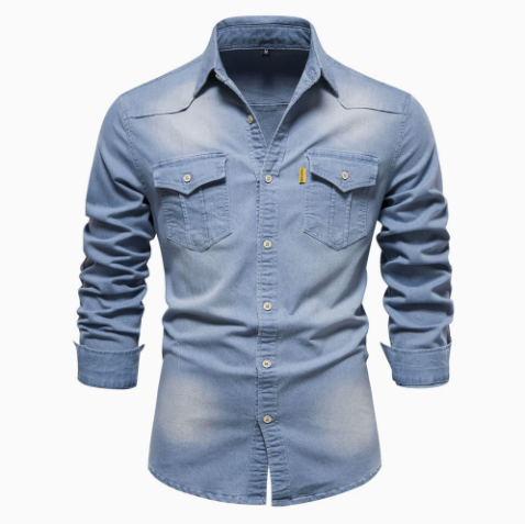 Men's denim casual solid color long-sleeved shirt