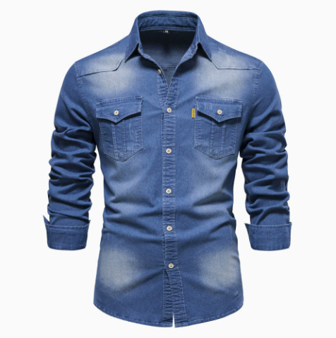 Men's denim casual solid color long-sleeved shirt