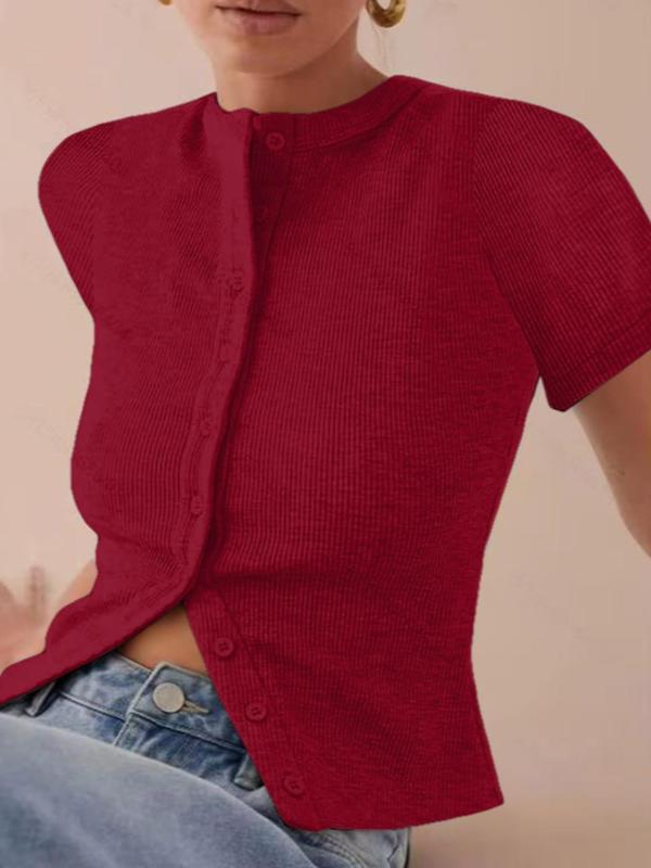 Ribbed Slim Fit Button-Up Cardigan Short Sleeve T-Shirt