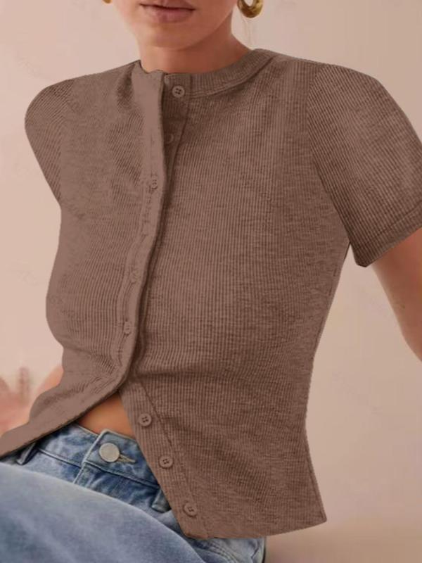 Ribbed Slim Fit Button-Up Cardigan Short Sleeve T-Shirt