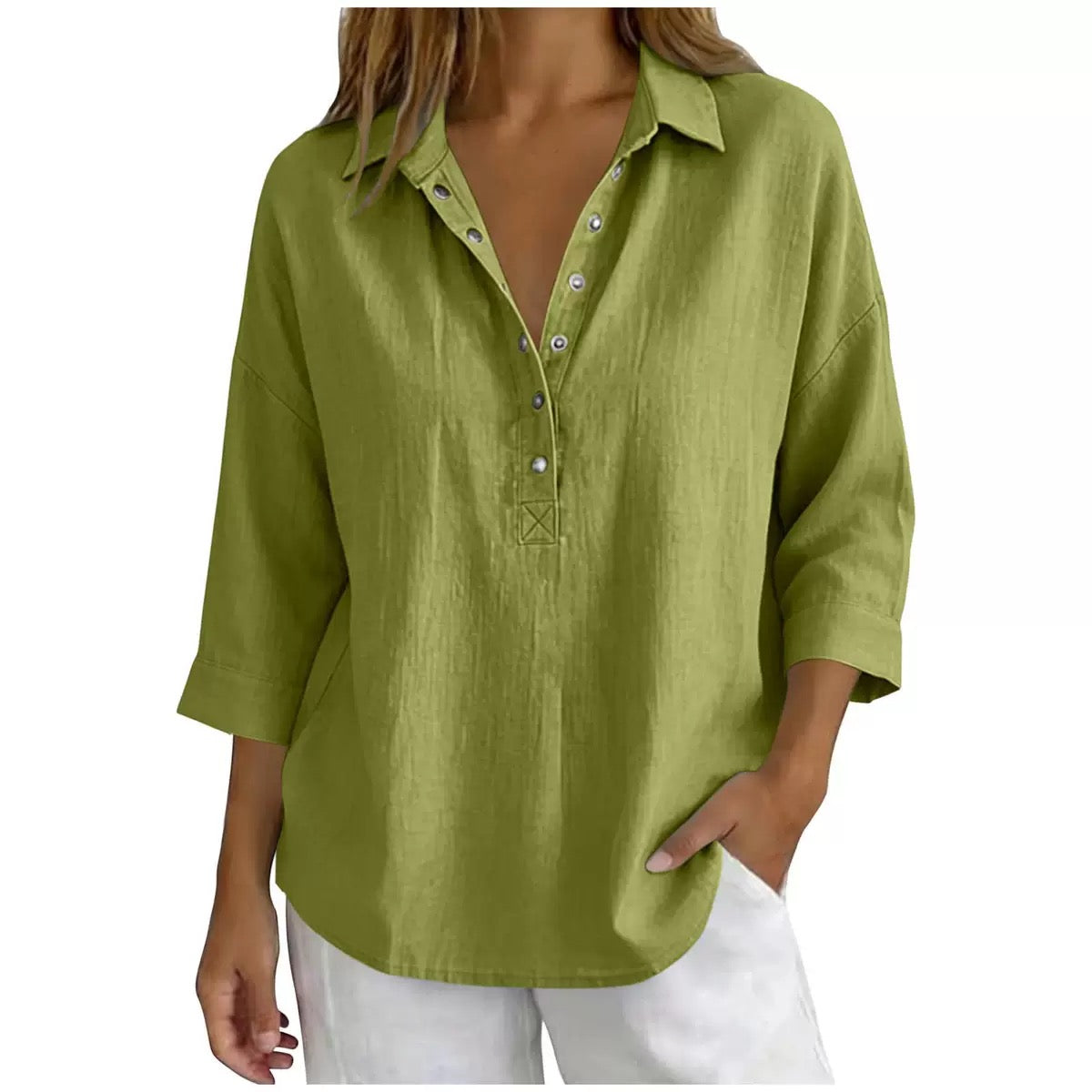 Loose-fitting, stylish, solid color, casual three-quarter sleeve shirt