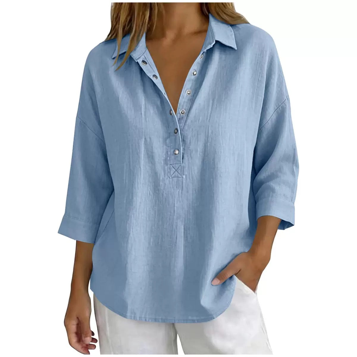 Loose-fitting, stylish, solid color, casual three-quarter sleeve shirt