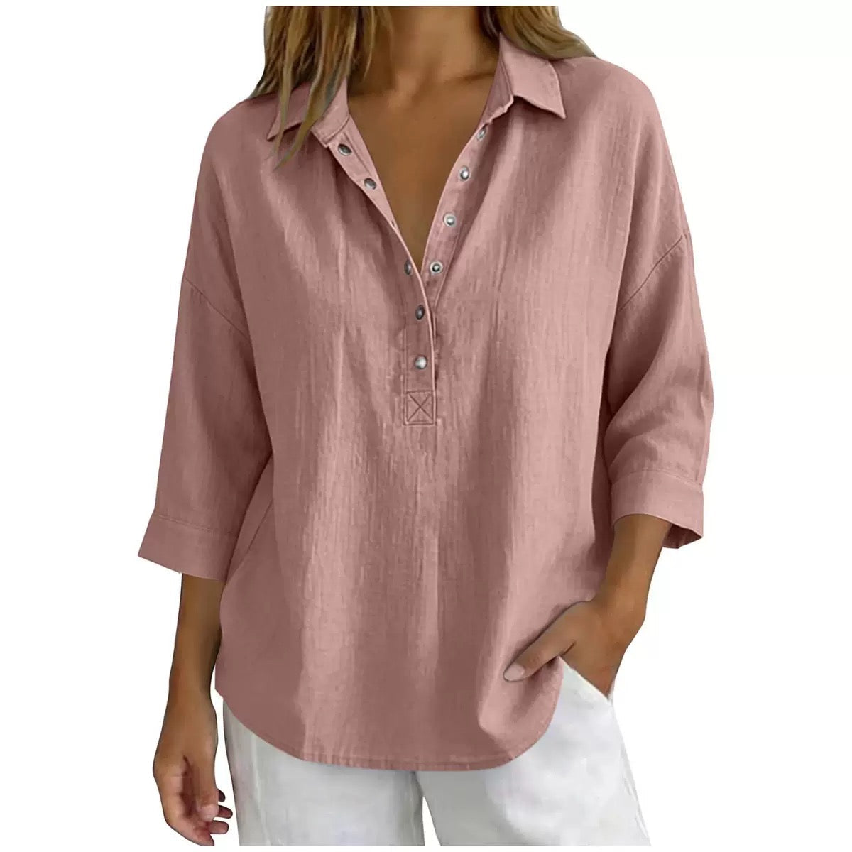 Loose-fitting, stylish, solid color, casual three-quarter sleeve shirt